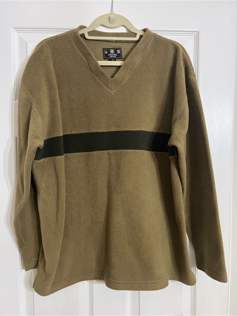 Vintage J. Riggins Fleece V-Neck Pullover Sweater Men Large Tan Olive Stripe